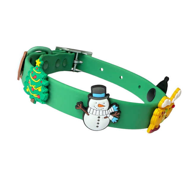 Green Christmas dog collar by Walkieez with festive design, adjustable strap, and durable hardware for everyday wear.