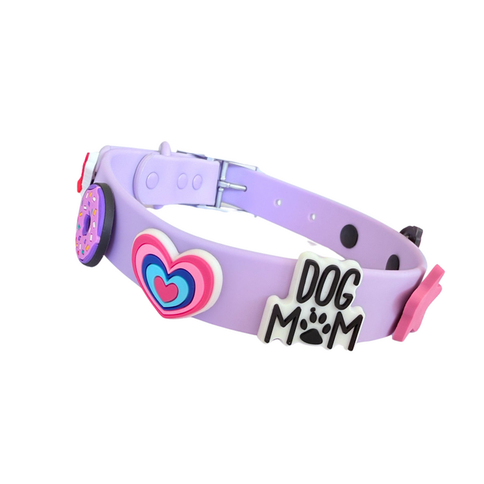 Waterproof lilac dog collar by Walkieez, durable and adjustable, shown on a happy dog.