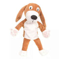 Brown and white plush dog hand puppet with long floppy ears, white muzzle, and pink paw pads on its hands.