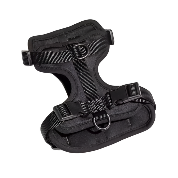 Black Walkieez no-pull dog harness with adjustable straps and breathable material for comfortable walks.