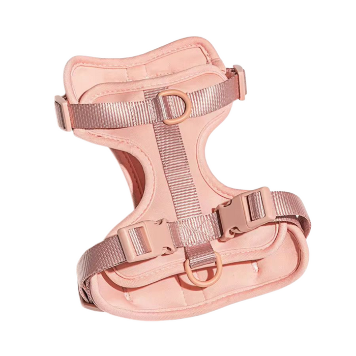 Blush pink no-pull dog harness by Walkieez, adjustable strap design for comfortable control during walks.