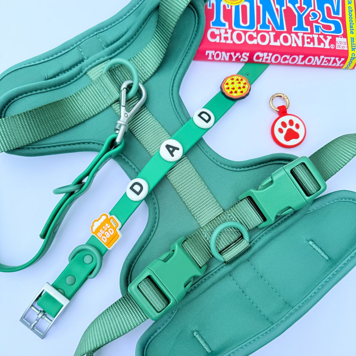 Green Walkieez no-pull dog harness shown in a close-up, adjustable design for comfortable and secure dog walking.