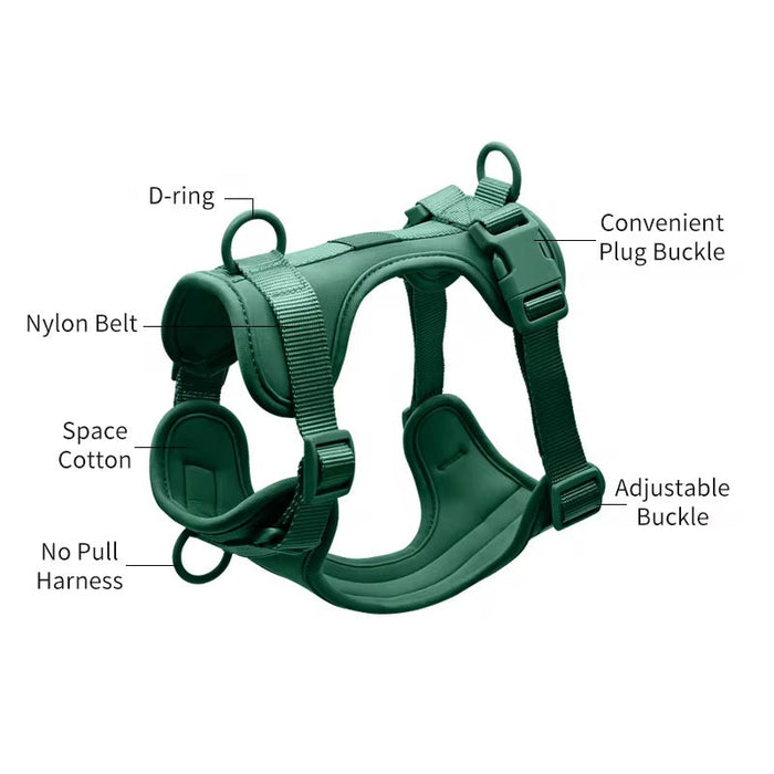 Green Walkieez no-pull dog harness, adjustable and lightweight, designed for comfortable control during walks.