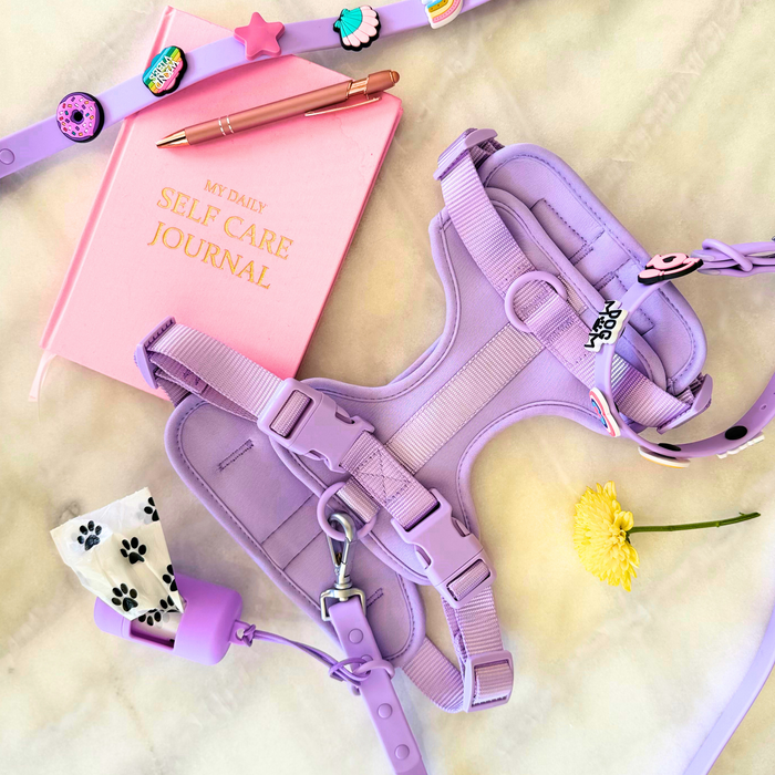 Lilac Walkieez dog harness with adjustable straps and breathable material, designed for comfort and secure fit.