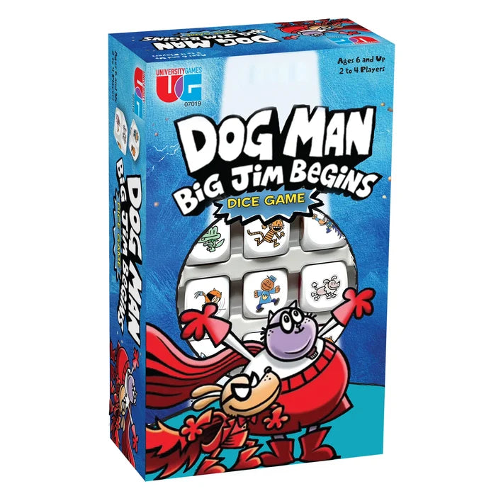 Blue rectangular box with Dog Man character illustrations and white dice visible through a circular window.