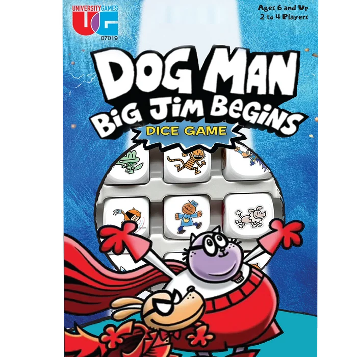 Blue game box with cartoon characters and a circular window showing nine white dice with character icons.