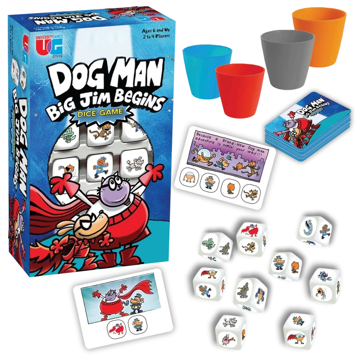 Blue Dog Man game box with four colorful plastic cups, nine white character dice, and illustrated game cards.