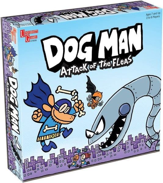 Blue board game box with cartoon illustrations of a caped dog, orange winged cat, and giant silver robot over a purple city.