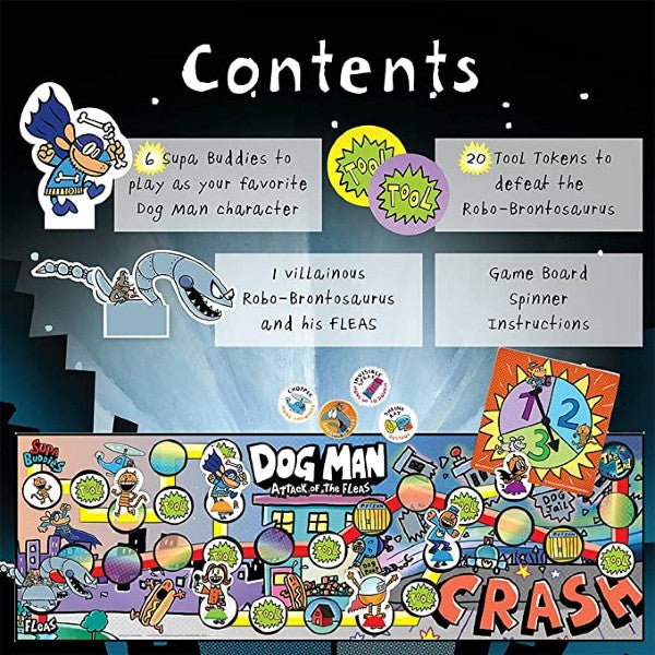 Graphic showing colorful character standees, circular tokens, a square spinner, and a vibrant comic-style game board.