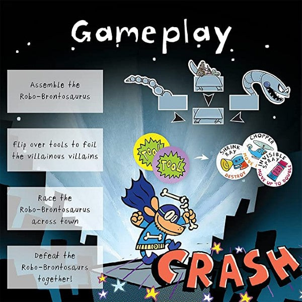 Gameplay panel featuring a blue Dog Man character, robo-dinosaur assembly, and tool tokens over a dark city silhouette.