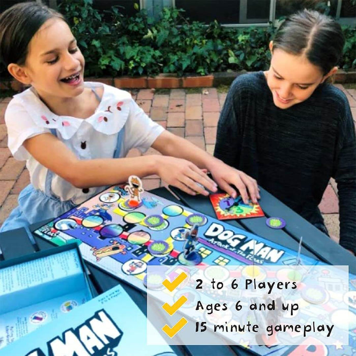 Two girls play a colorful board game outdoors with standees. Text shows 2-6 players, ages 6+, and 15 min gameplay.