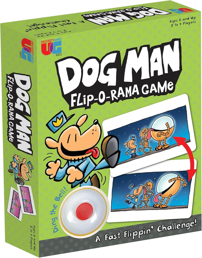 Green box featuring cartoon dog character, action cards, and a white service bell with a red button.