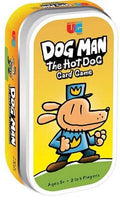 Yellow rectangular metal tin featuring Dog Man in a blue police uniform and game title on a yellow background.