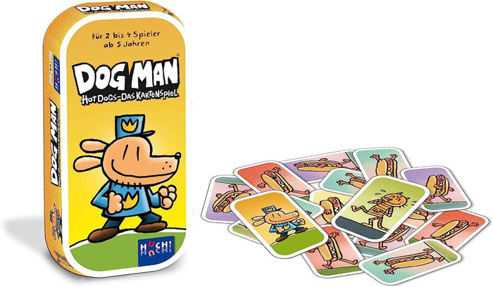 Yellow metal tin with a cartoon dog in a blue uniform next to scattered cards with hot dog illustrations.