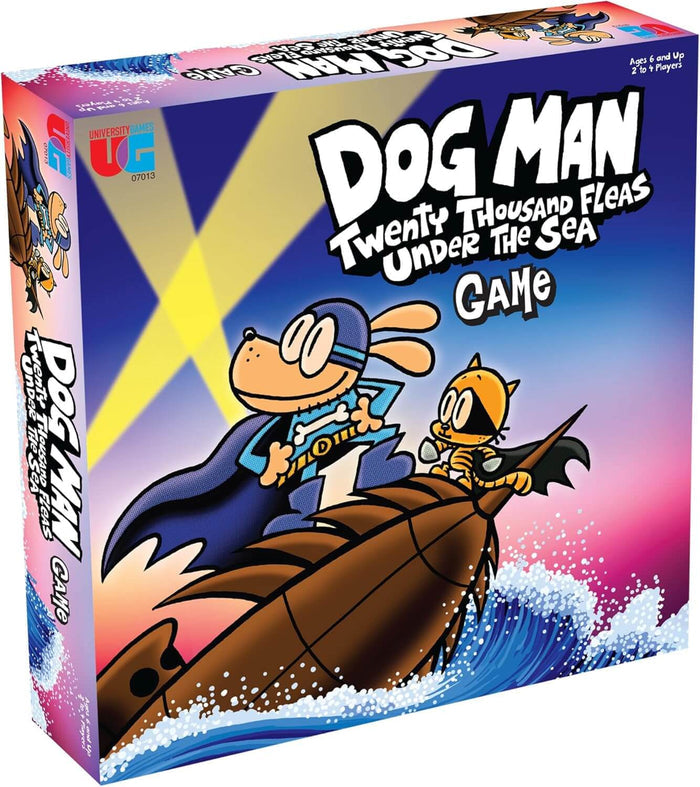 Board game box featuring a cartoon dog and cat on a leaf boat in ocean waves against a pink and purple sunset.
