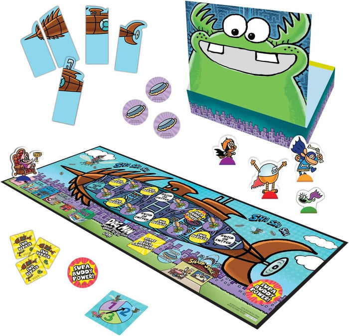 Colorful board game with character standees, a submarine board, spinner, cards, and a box with a green monster face.