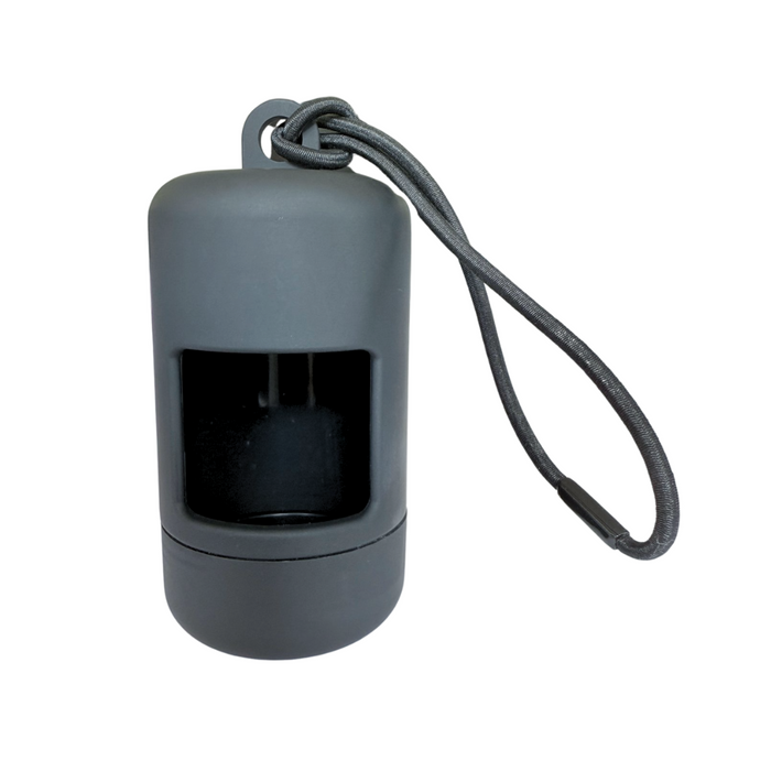Black Walkieez dog poop bag holder dispenser with rainbow pride sticker for easy waste cleanup during walks.