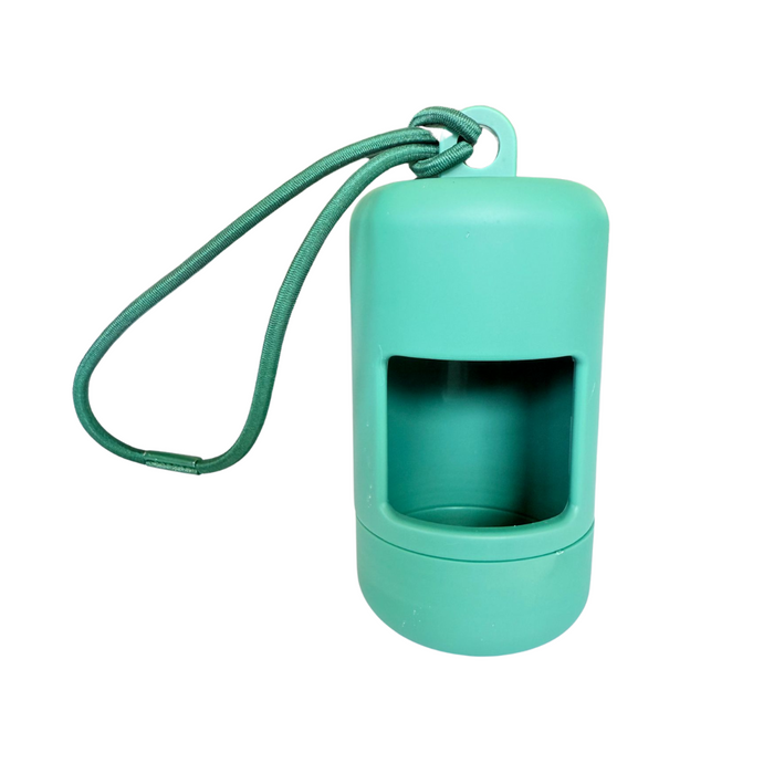 Green Walkieez dog poop bag dispenser with rainbow pride sticker attached, designed for easy access during walks.