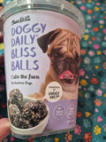 Doggy Daily Bliss Balls from Calm The Farm by Animal Addiction Limited, natural dog treats with calming ingredients in a close-up image.