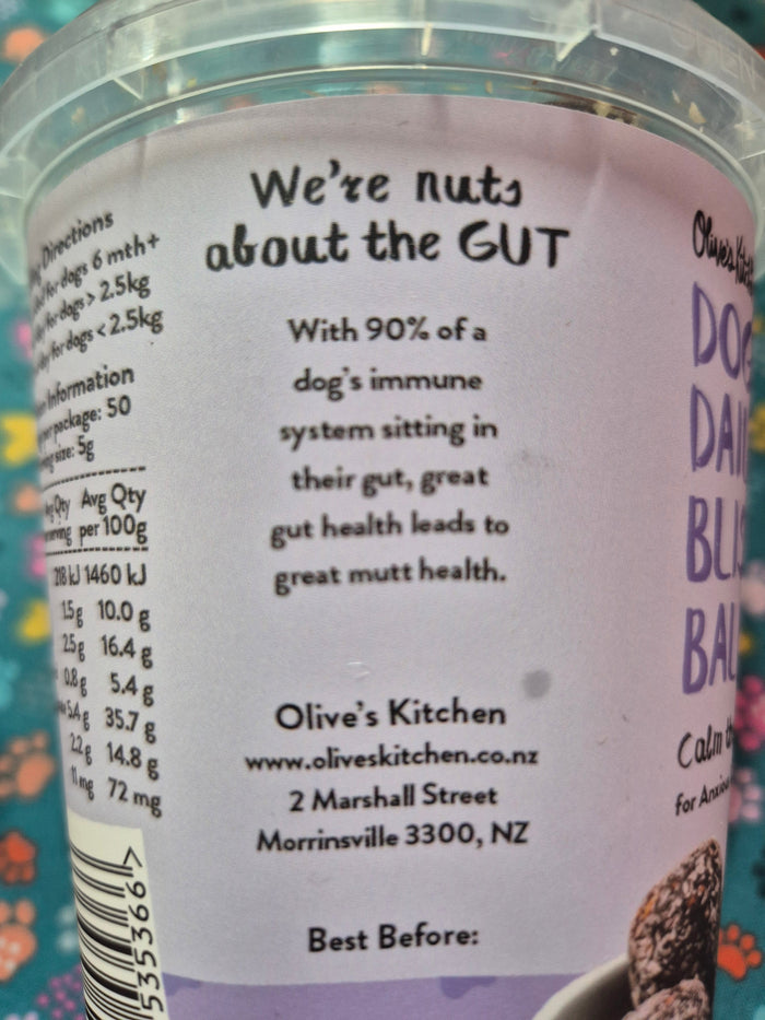 Doggy Daily Bliss Balls by Animal Addiction Limited, calming treats for dogs with natural ingredients, shown in a close-up image.