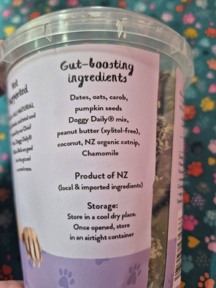 Doggy Daily Bliss Balls by Animal Addiction Limited, calming treats for dogs with natural ingredients and a soft texture.