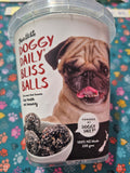 Doggy Daily Bliss Balls by Animal Addiction Limited, healthy dog treats with natural ingredients, shown in a close-up image.