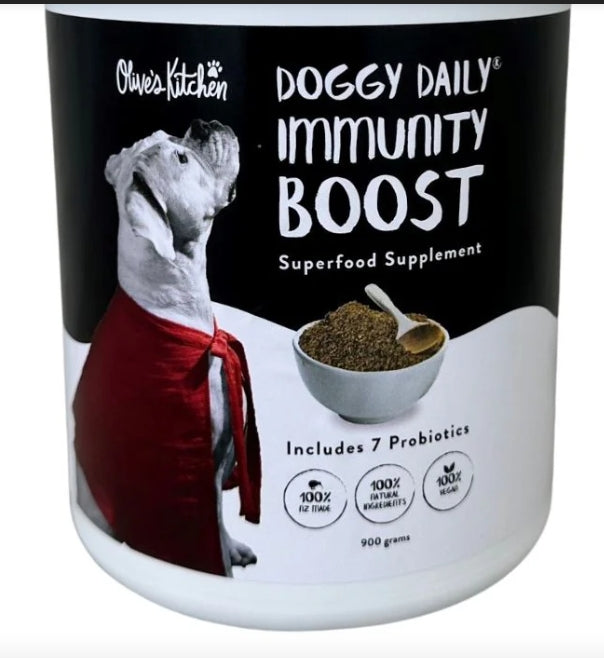 Doggy Daily Immunity Boost supplement by Animal Addiction Limited, showing the 250g container and product label.