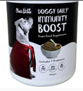 Doggy Daily Immunity Boost Supplement by Animal Addiction Limited, 700g jar with nutritional ingredients for dogs' health.