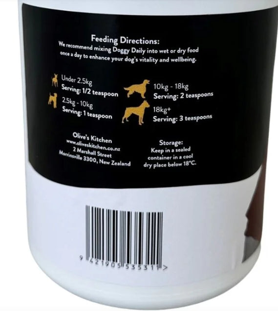 Doggy Daily Immunity Boost Supplement by Animal Addiction Limited, 700g container with supplement powder for dogs.