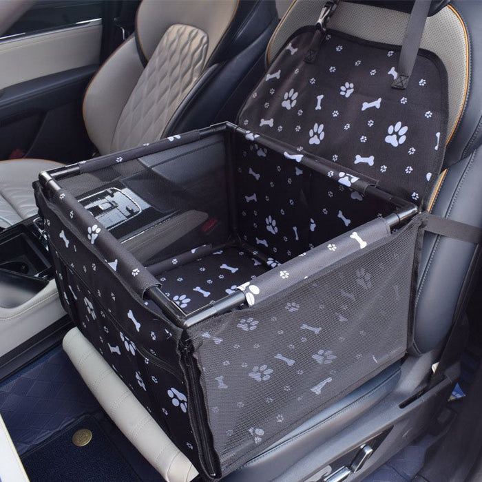 Dog pet carrier seat for travel in tan color, fits front or back car seats, provides protection for large dogs during trips.