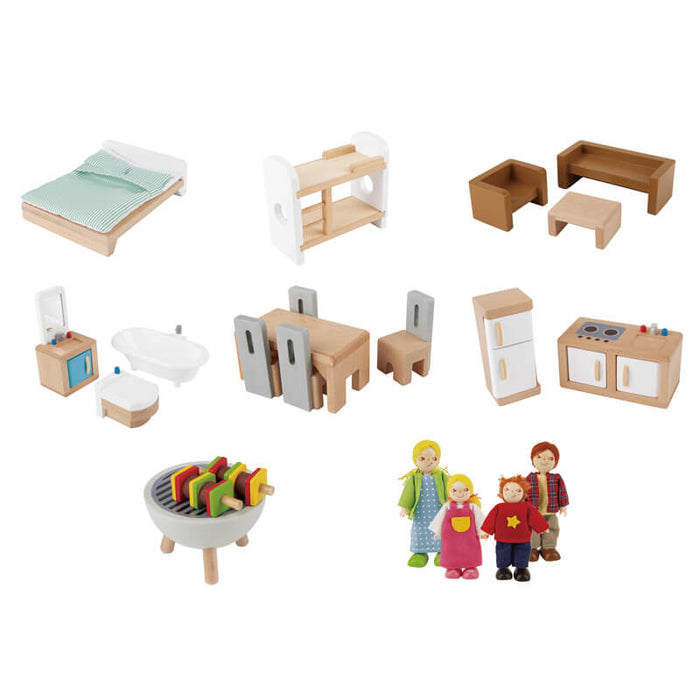 Wooden dollhouse furniture and 4 family dolls including beds, sofa, kitchen, bathroom, dining area, and a BBQ grill.