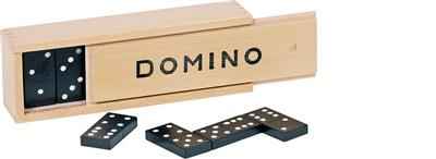 Black domino tiles with white dots and a light-colored wooden sliding-lid box printed with DOMINO in black.