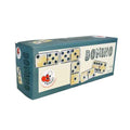 Teal rectangular box for a domino set featuring illustrations of wooden-style tiles and a red mouse logo.