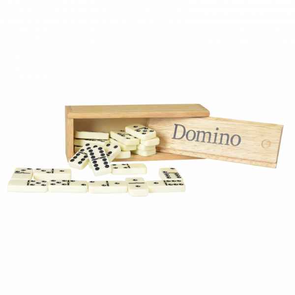 Cream domino tiles with black pips scattered around a small wooden box with a sliding lid labeled Domino.