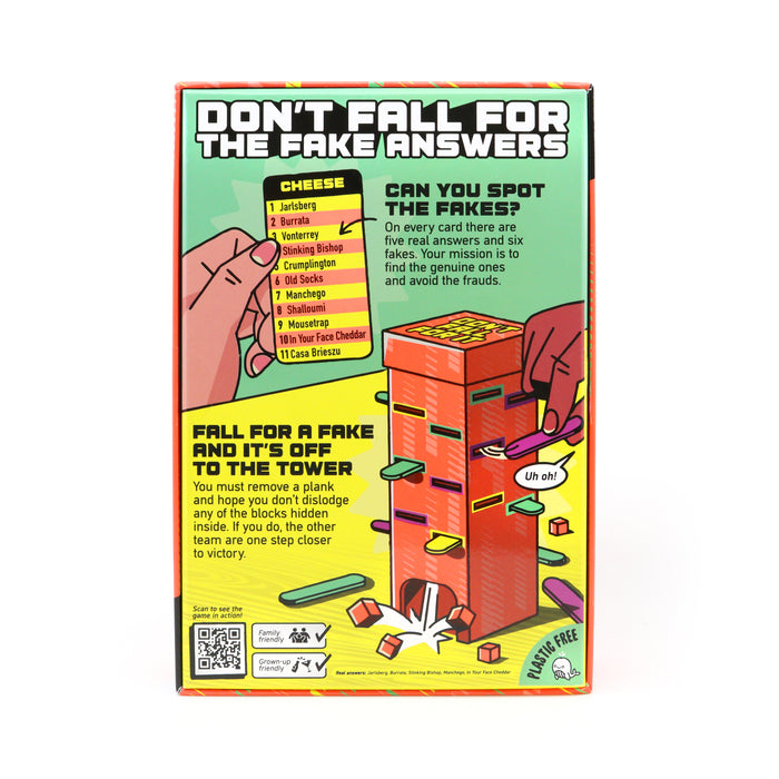 Back of game box featuring colorful illustrations of an orange tower with planks and a list of real and fake cheese.
