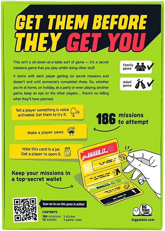 Back of a lime green game box with bold yellow and red text, mission examples, and a top-secret wallet illustration.