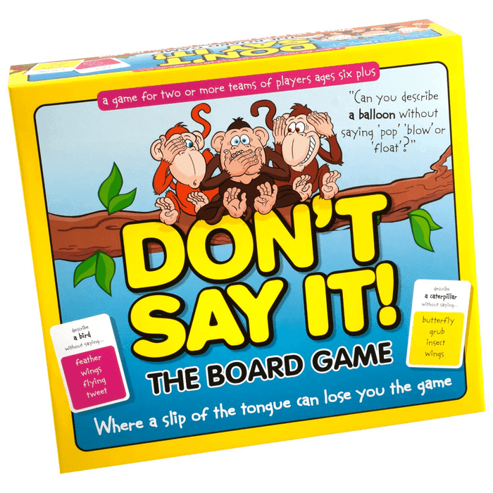 Bright yellow Don't Say It! game box featuring three cartoon monkeys on a branch and sample word cards.