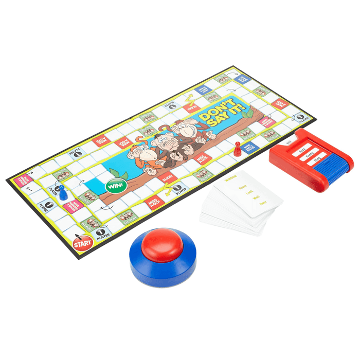 Colorful board game with monkey illustrations, a red electronic buzzer, card holder, game cards, and red and blue pawns.