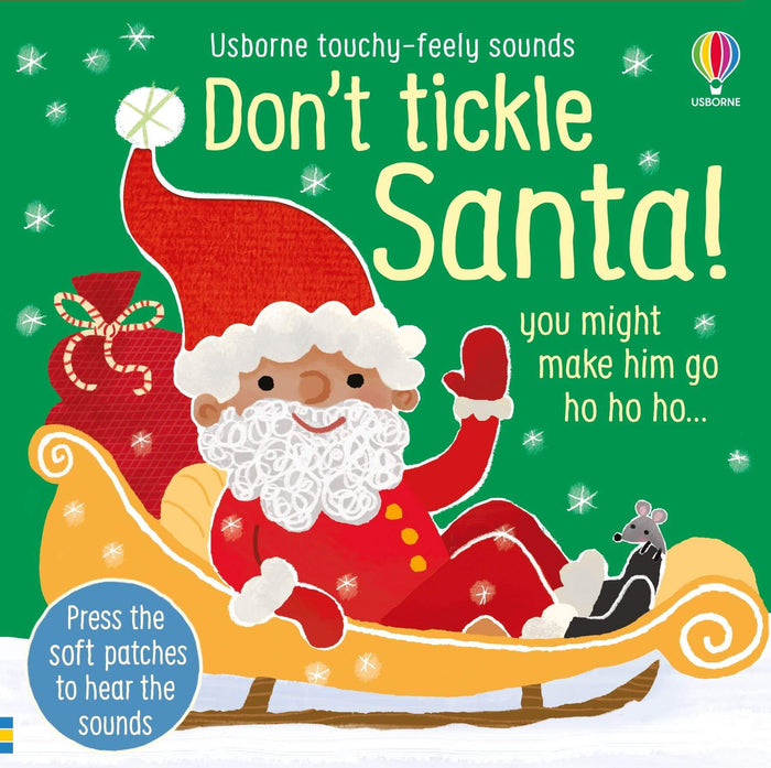 Green book cover showing a brown-skinned Santa in a yellow sleigh with a fuzzy beard and a small mouse.