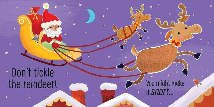 Santa in a yellow sleigh pulled by reindeer over snowy rooftops under a purple sky with stars and a crescent moon.