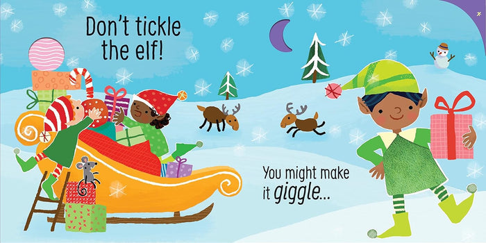 Colorful illustration of elves, a yellow sleigh, and reindeer in the snow. Text: Don’t tickle the elf!