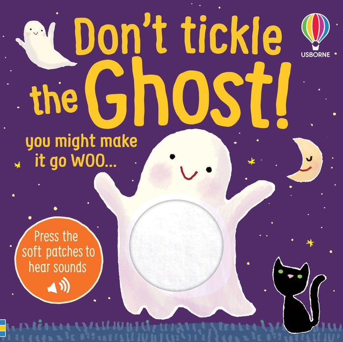 Purple book cover with a friendly white ghost, a fuzzy touch-and-feel patch, and a black cat.