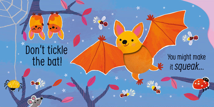 Colorful illustration of a smiling orange bat flying through a starry night sky with fireflies and pink leaves.