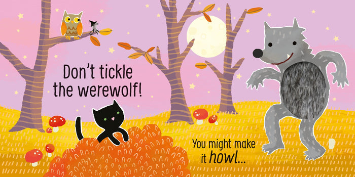 Illustrated book page with a gray werewolf, tactile fur patch, black cat, and owl in a colorful moonlit forest.