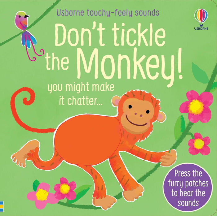 Bright green sound book cover with a smiling orange monkey, pink flowers, and a colorful bird perched on a branch.