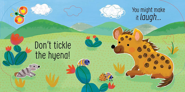 Colorful book illustration of a spotted hyena and meerkat with the text: Don't tickle the hyena!