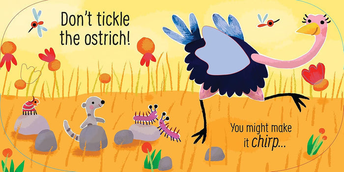 Brightly illustrated page featuring a running pink ostrich, a meerkat, and insects in a yellow field.