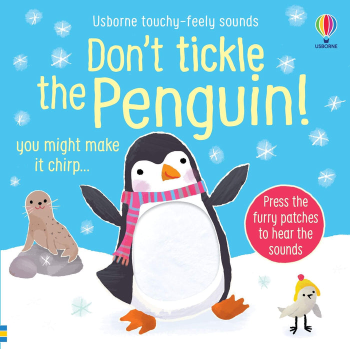 Light blue children's book cover with a penguin in a striped scarf, a fuzzy white belly patch, and a snowy background.