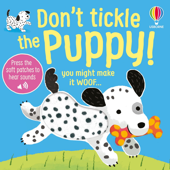 Blue book cover with a spotted white puppy holding a bone, a fuzzy touch-and-feel patch, and bold yellow text.