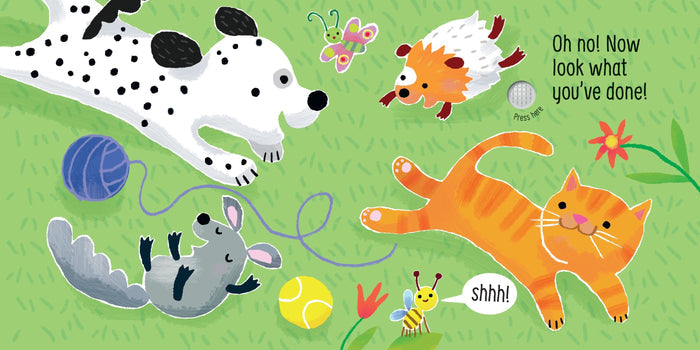 Illustrated children's book page with a dalmatian, orange cat, and small animals on grass with a sound button.